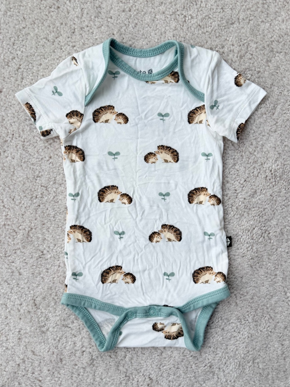 Kyte BABY White One-Piece Bodysuit with Hedgehog Print and Sage Trim